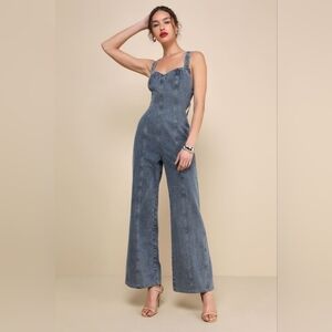 Lulu's Trendsetting Personality Medium Wash Denim Backless Jumpsuit